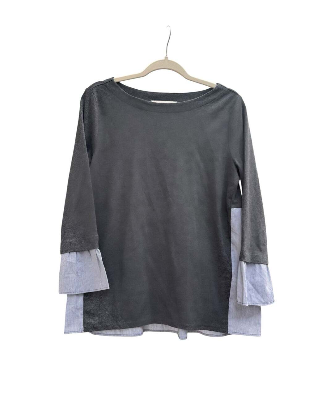 LOFT Ann Taylor Mixed Media Bell Sleeve Top in Grey and Blue Striped